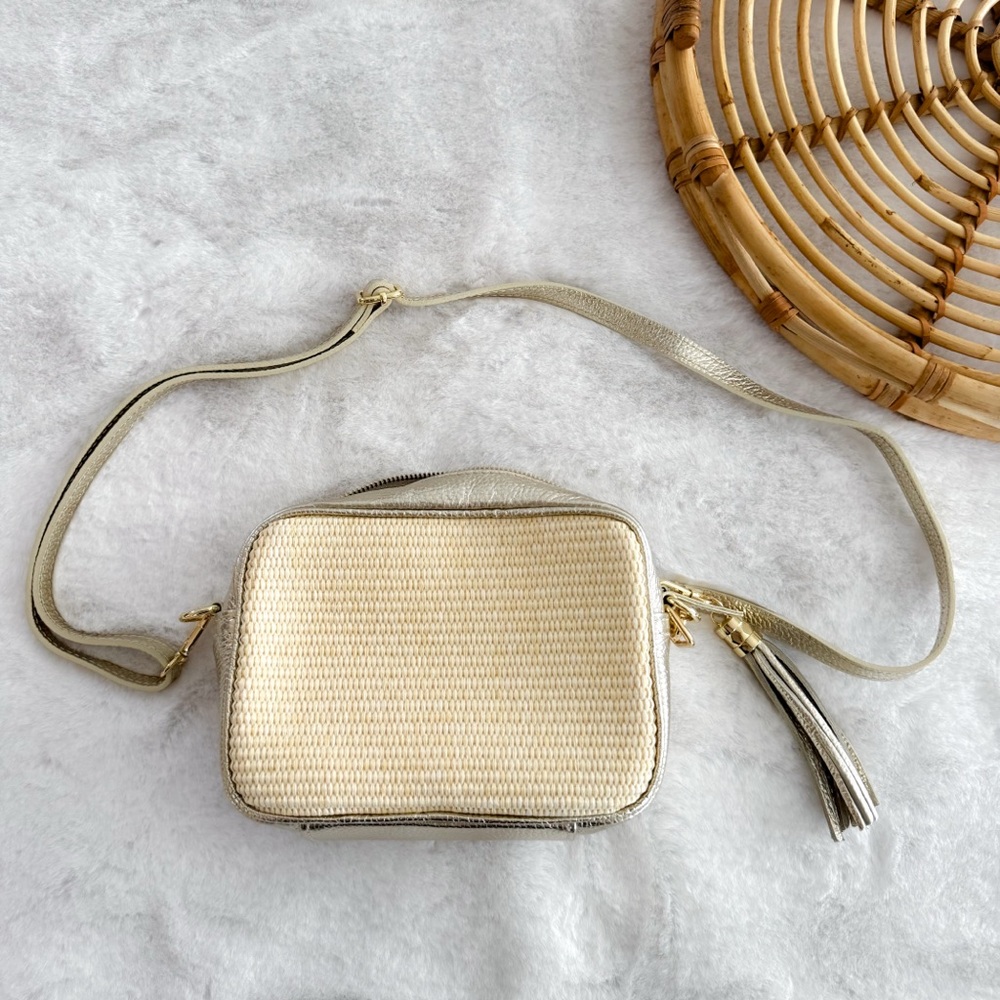 Gold & Natural Woven Crossbody Bag with Tassel - Picture 2 of 14